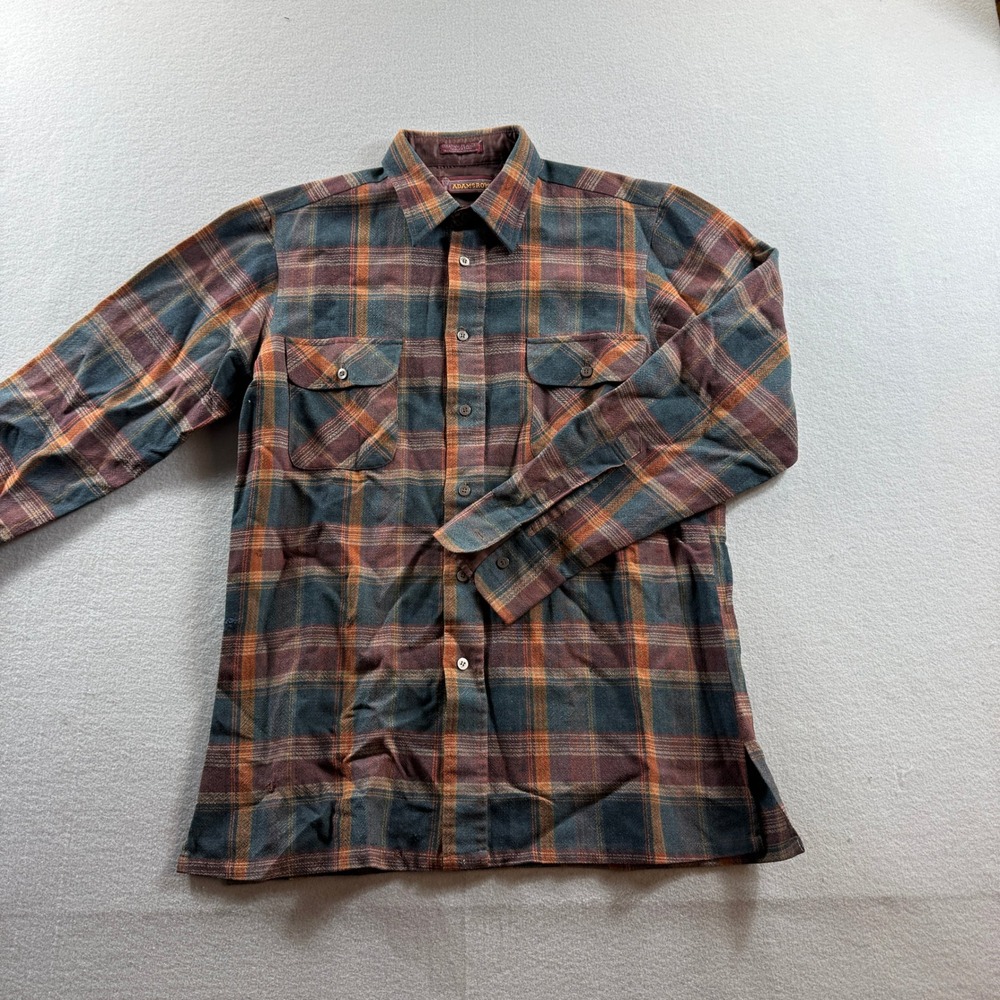 Adams Row Plaid Flannel Shirt Mens Medium Brown Wool Blend Long Sleeve Vintage